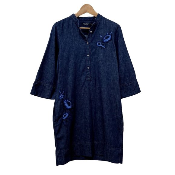 Lauren Ralph Lauren Blue Denim Floral Embroidered Shift Dress sz 6 - Picture 1 of 4